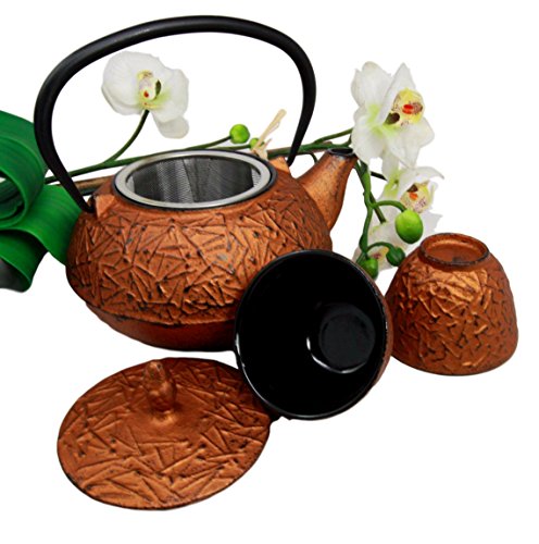 Ebros Gift Ebros Japanese Pine Copper Finish Matchstick Pattern Heavy Cast Iron Tea Pot And Cups Set Serves 2