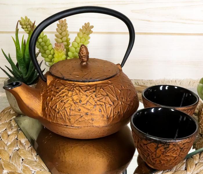 ebros gift Ebros Japanese Pine Copper Finish Matchstick Pattern Heavy Cast Iron Tea Pot and Cups Set Serves 2