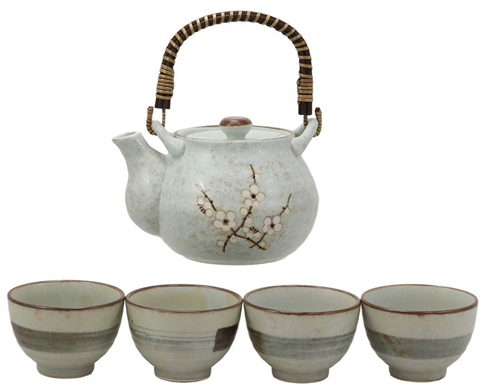Ebros Gift Ebros Japanese Sakura Pastel Blue Plum Cherry Blossom Porcelain Tea Pot And 4 Cups Set