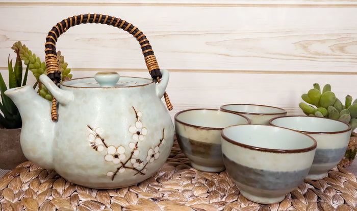 ebros gift Ebros Japanese Sakura Pastel Blue Plum Cherry Blossom Porcelain Tea Pot And 4 Cups Set