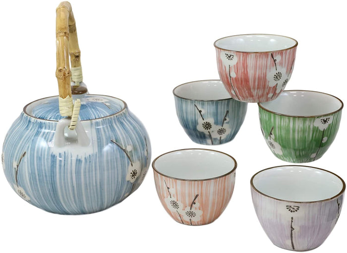 Ebros Gift Ebros Japanese Sakura White Cherry Blossom Tea Set Ceramic Pot And Cups Set Of 5