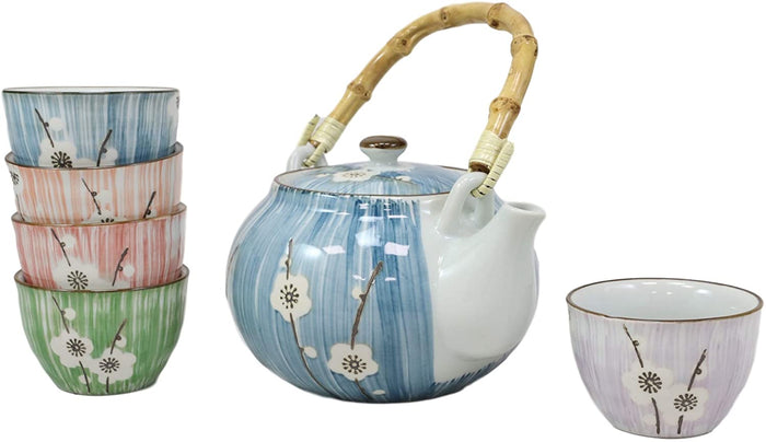 Ebros Gift Ebros Japanese Sakura White Cherry Blossom Tea Set Ceramic Pot And Cups Set Of 5