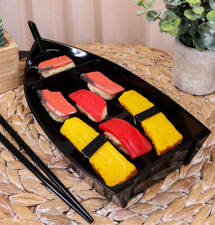 ebros gift Ebros Japanese Traditional Black Lacquered Plastic Sushi Boat Serving Plate Display