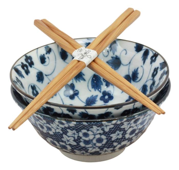 Ebros Gift Ebros Japanese Vintage Floral Blue White Design Ceramic Bowl Set Of 2 With Chopsticks
