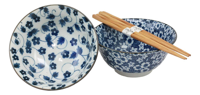 Ebros Gift Ebros Japanese Vintage Floral Blue White Design Ceramic Bowl Set Of 2 With Chopsticks