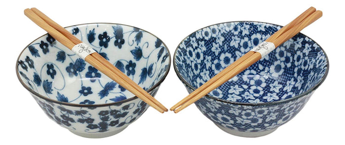 Ebros Gift Ebros Japanese Vintage Floral Blue White Design Ceramic Bowl Set Of 2 With Chopsticks