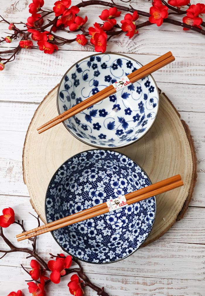 ebros gift Ebros Japanese Vintage Floral Blue White Design Ceramic Bowl Set of 2 With Chopsticks