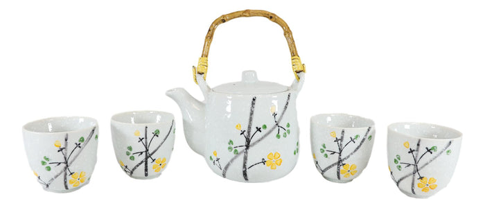Ebros Gift Ebros Japanese Yellow Cherry Blossom Sakura Blossoms Ceramic Tea Pot & 4 Cups
