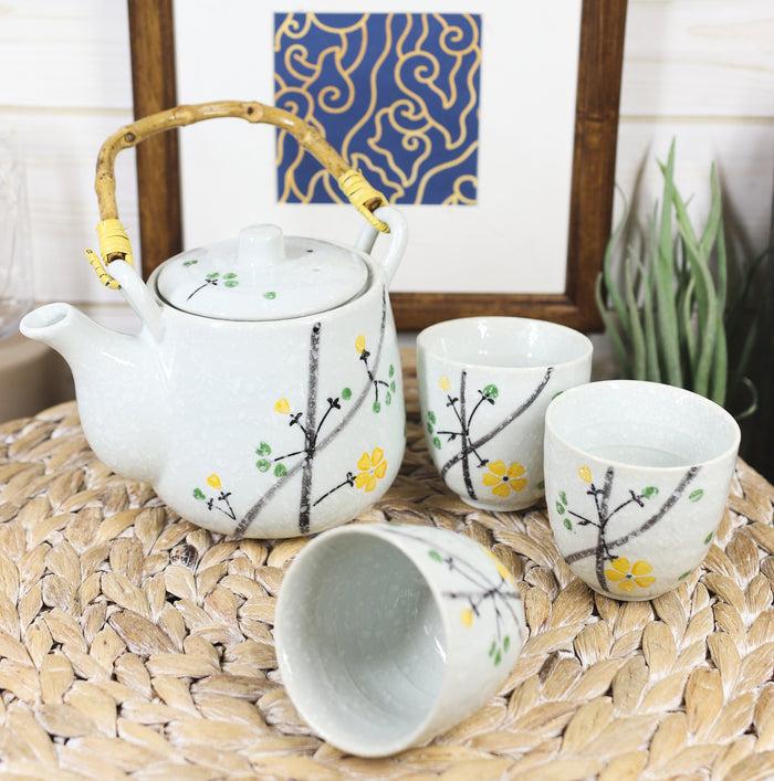 ebros gift Ebros Japanese Yellow Cherry Blossom Sakura Blossoms Ceramic Tea Pot & 4 Cups