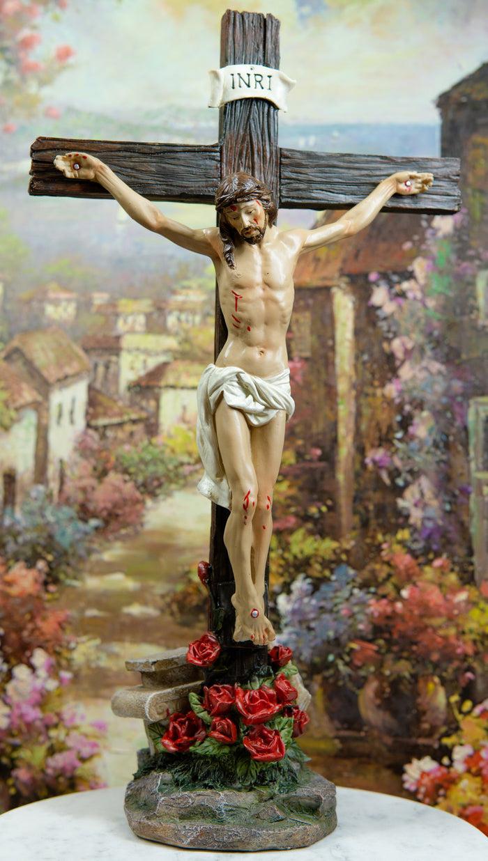 ebros gift Ebros Jesus Christ On The Cross With Rose of Sharon Base Decorative Crucifix Statue