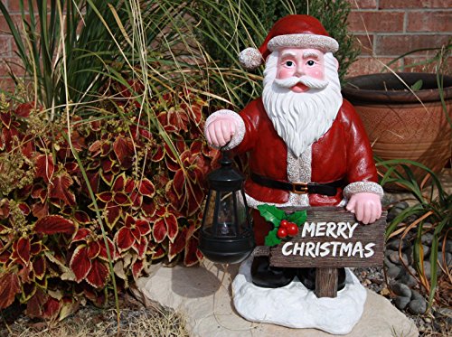 Ebros Gift Ebros Jolly Seasons Merry Christmas Santa Claus Holding Greeting Sign Decorative Statue With Solar LED Light Lantern Lamp 16.5"H As Home Patio Welcome Entrance Decor Guest Greeter Figurine