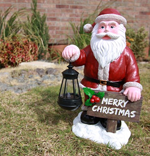 ebros gift Ebros Jolly Seasons Merry Christmas Santa Claus Holding Greeting Sign Decorative Statue With Solar LED Light Lantern Lamp 16.5"H As Home Patio Welcome Entrance Decor Guest Greeter Figurine