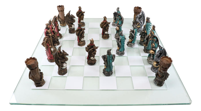 Ebros Gift Ebros King Arthur Morgan Merlin Dragons Hand Painted Chess Pieces With Glass Board Set