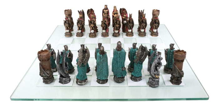 Ebros Gift Ebros King Arthur Morgan Merlin Dragons Hand Painted Chess Pieces With Glass Board Set