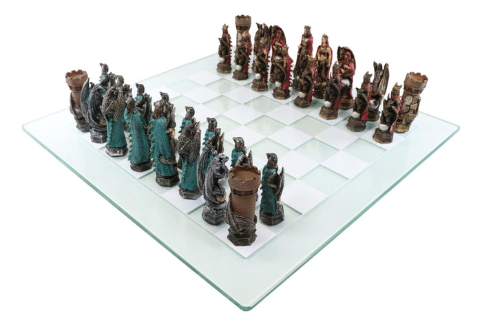 ebros gift Ebros King Arthur Morgan Merlin Dragons Hand Painted Chess Pieces With Glass Board Set