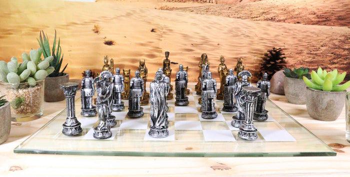 Ebros Gift Ebros Kingdoms At War Egyptian VS Roman Army Resin Chess Pieces With Glass Board Set