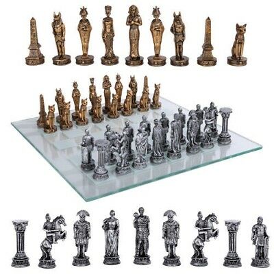 Ebros Gift Ebros Kingdoms At War Egyptian VS Roman Army Resin Chess Pieces With Glass Board Set