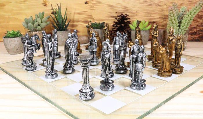 Ebros Gift Ebros Kingdoms At War Egyptian VS Roman Army Resin Chess Pieces With Glass Board Set
