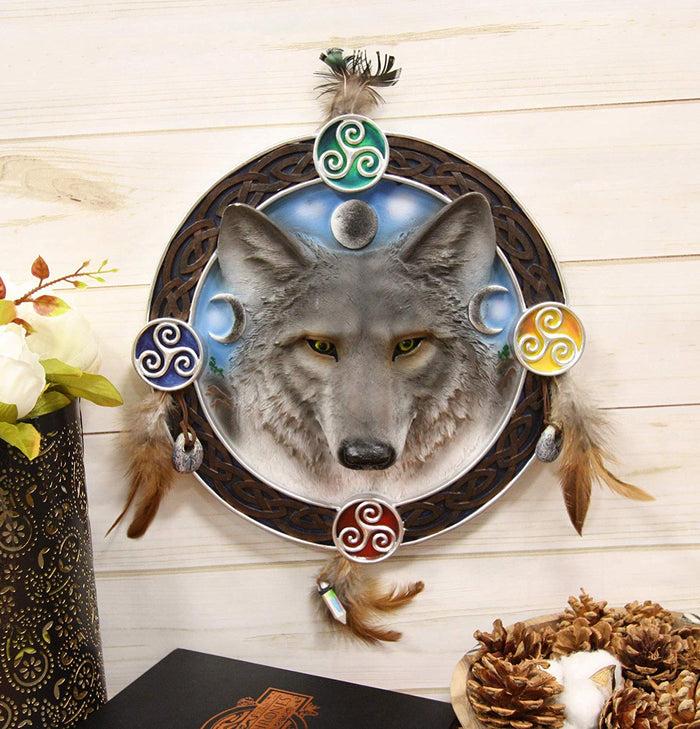 Ebros Gift Ebros Large 12" Diameter Triple Goddess Triskele Trinity Celtic Alpha Wolf Round Dreamcatcher With Feathers Wall Hanging Decor Accent Dream Catcher Decoration Hanger For Home And Office Talisman
