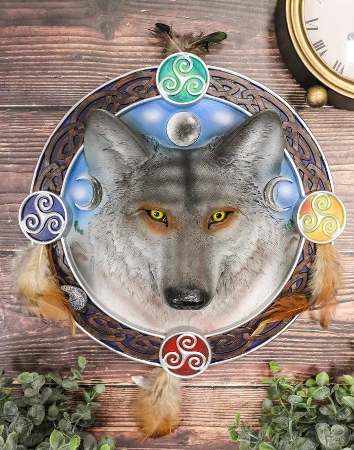 ebros gift Ebros Large 12" Diameter Triple Goddess Triskele Trinity Celtic Alpha Wolf Round Dreamcatcher with Feathers Wall Hanging Decor Accent Dream Catcher Decoration Hanger for Home and Office Talisman