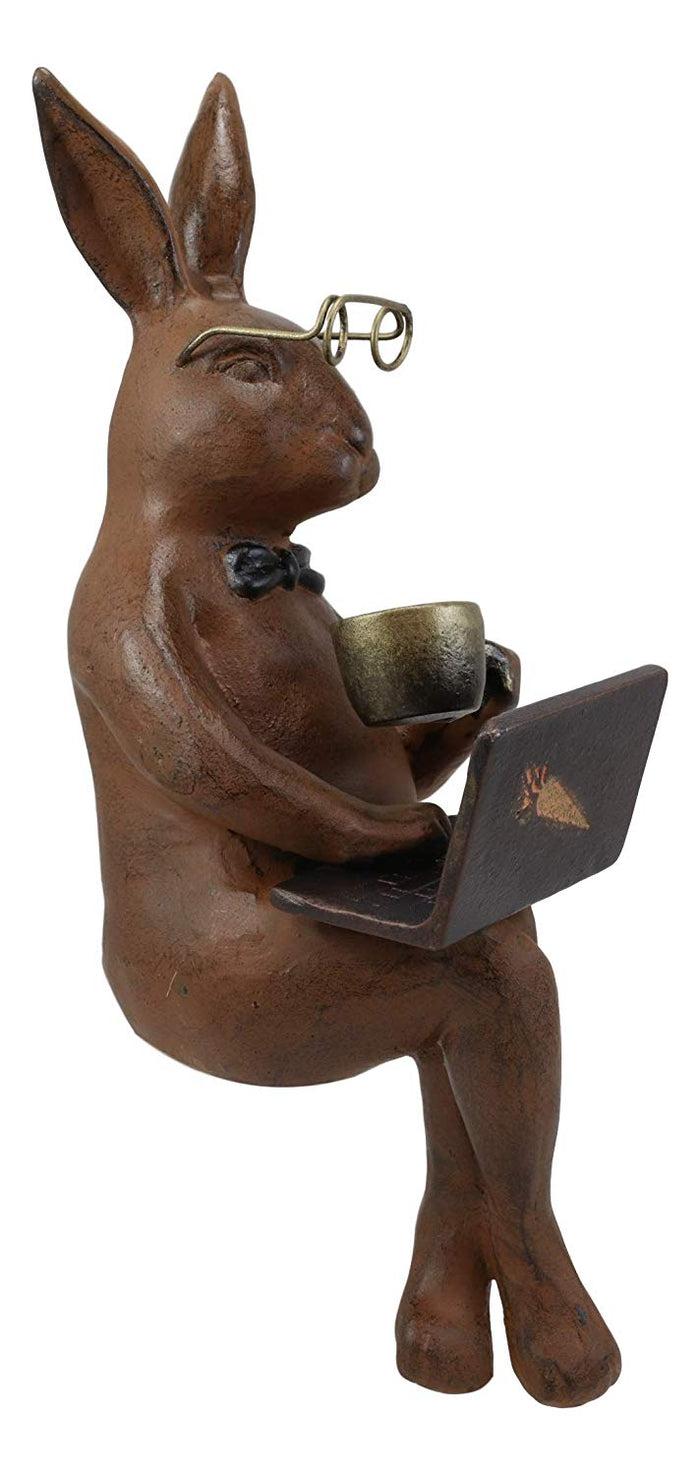 Ebros Gift Ebros Large 14" Tall Aluminum Metal Whimsical Rabbit With Carrot Laptop On Coffee Break Garden Ledge Shelf Table Edge Sitter Statue Bunny Rabbits Rustic Cottage Lawn Pool Patio Decorative Figurine