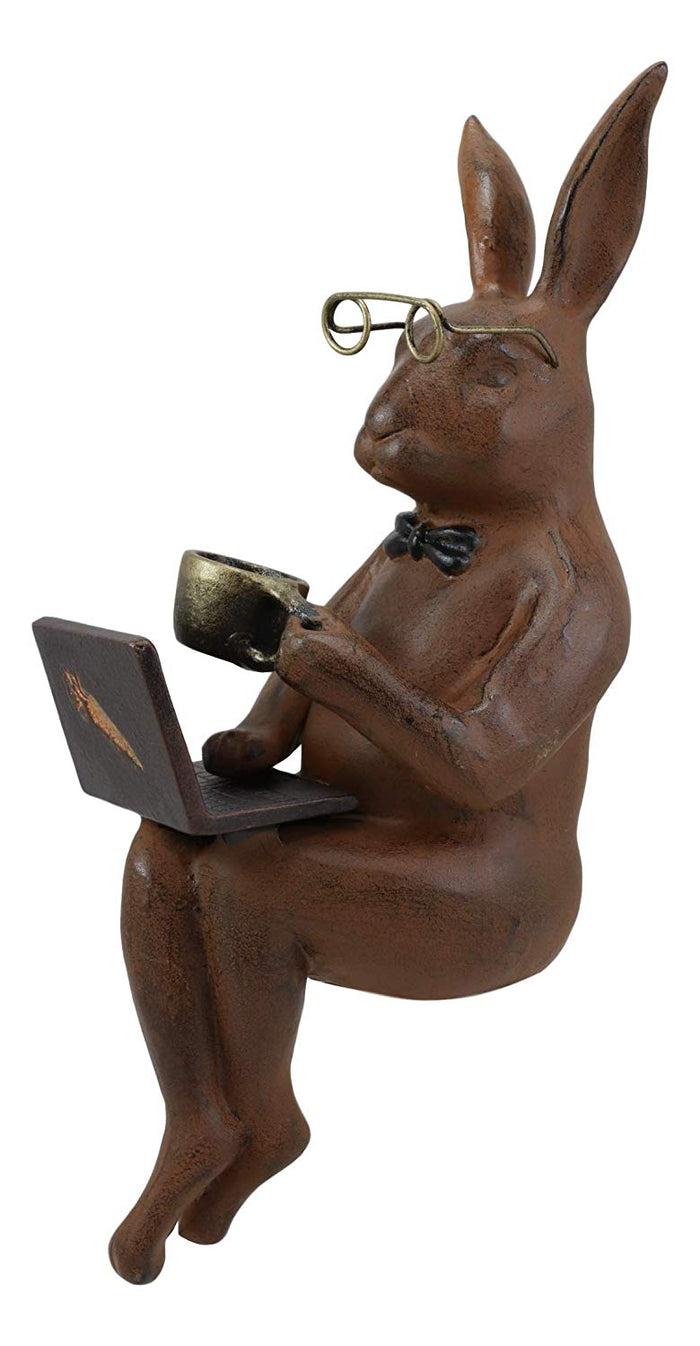 Ebros Gift Ebros Large 14" Tall Aluminum Metal Whimsical Rabbit With Carrot Laptop On Coffee Break Garden Ledge Shelf Table Edge Sitter Statue Bunny Rabbits Rustic Cottage Lawn Pool Patio Decorative Figurine