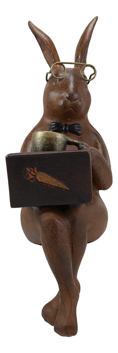 Ebros Gift Ebros Large 14" Tall Aluminum Metal Whimsical Rabbit With Carrot Laptop On Coffee Break Garden Ledge Shelf Table Edge Sitter Statue Bunny Rabbits Rustic Cottage Lawn Pool Patio Decorative Figurine