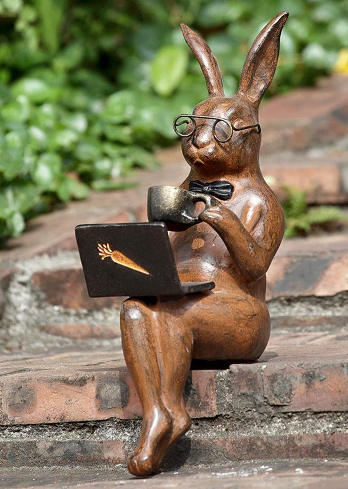 ebros gift Ebros Large 14" Tall Aluminum Metal Whimsical Rabbit with Carrot Laptop On Coffee Break Garden Ledge Shelf Table Edge Sitter Statue Bunny Rabbits Rustic Cottage Lawn Pool Patio Decorative Figurine