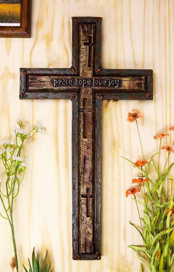 ebros gift Ebros Large 20"H Rustic Peace Hope Love Joy Layered Faux Barn Wood Wall Cross Plaque