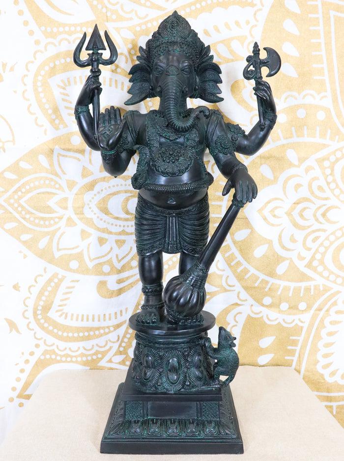 ebros gift Ebros Large 21" Tall Bali Ganesha With Dhoti in War Armor On Pillar With Rat Statue