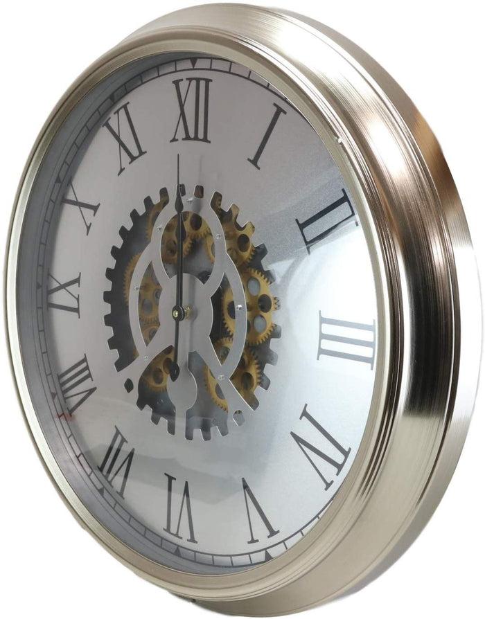 Ebros Gift Ebros Large 25" W Contemporary Silver Trim Steampunk Wall Clock With Moving Gear