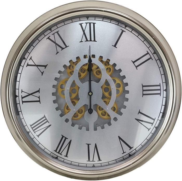 Ebros Gift Ebros Large 25" W Contemporary Silver Trim Steampunk Wall Clock With Moving Gear