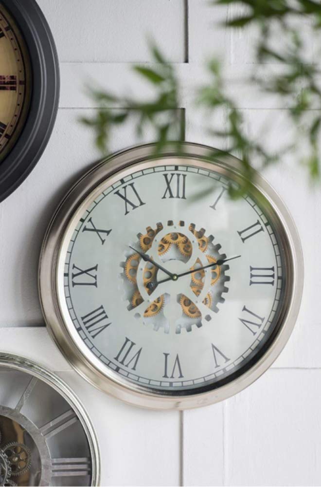 ebros gift Ebros Large 25" W Contemporary Silver Trim Steampunk Wall Clock with Moving Gear