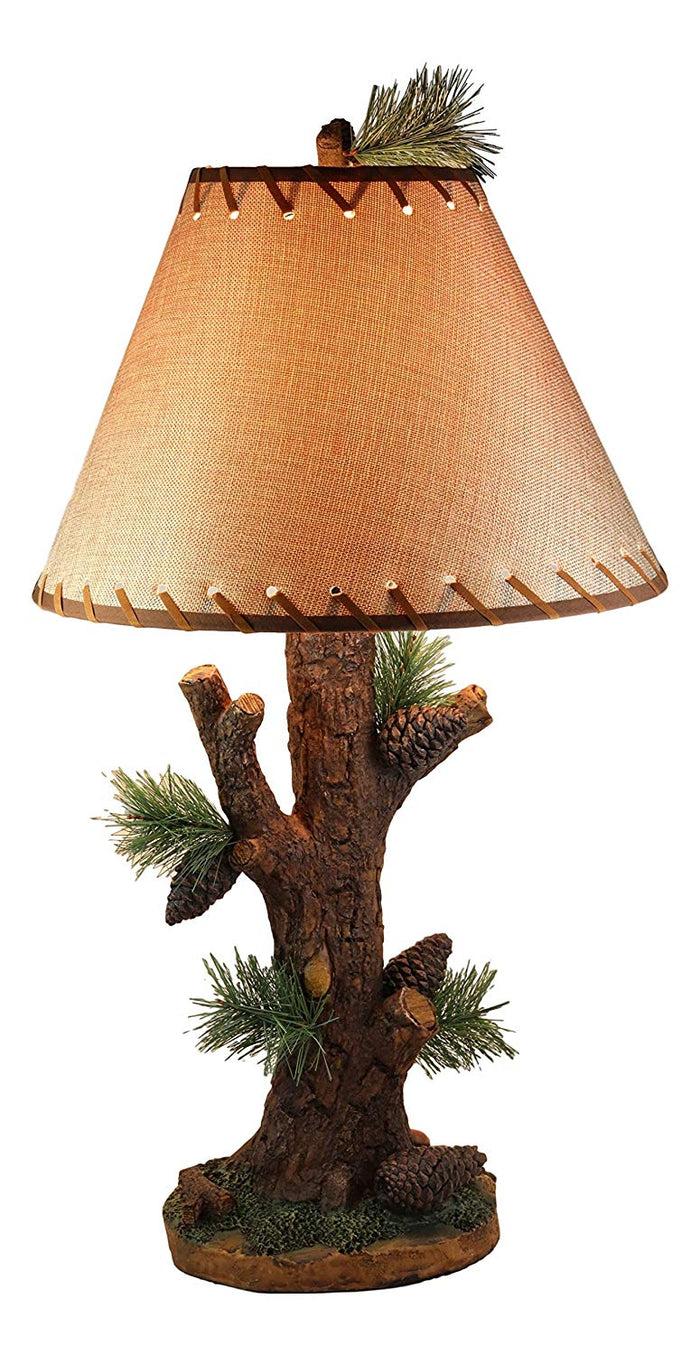 Ebros Gift Ebros Large 26.75"H Rustic Cabin Lodge Mountain Vintage Design Decor Pine Tree Needles Pinecones And Bark Textured Side Table Lamp Statue With Shade