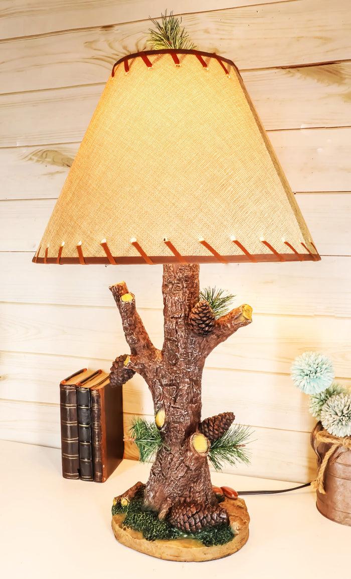 ebros gift Ebros Large 26.75"H Rustic Cabin Lodge Mountain Vintage Design Decor Pine Tree Needles Pinecones and Bark Textured Side Table Lamp Statue with Shade