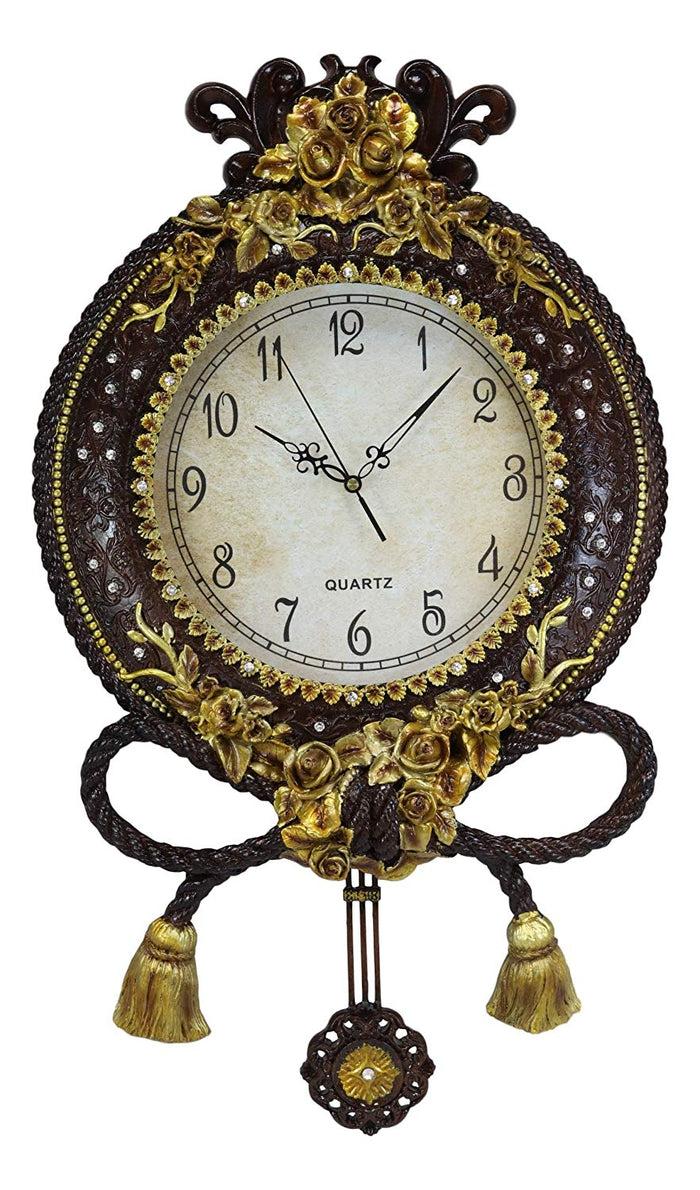 Ebros Gift Ebros Large 28" Brown And Gold Leaf High Baroque Renaissance Vintage Antique Design Style Classical Ornate Floral Analog Wall Clock With Swinging Pendulum Home And Office Victorian Decor Quartz Clocks