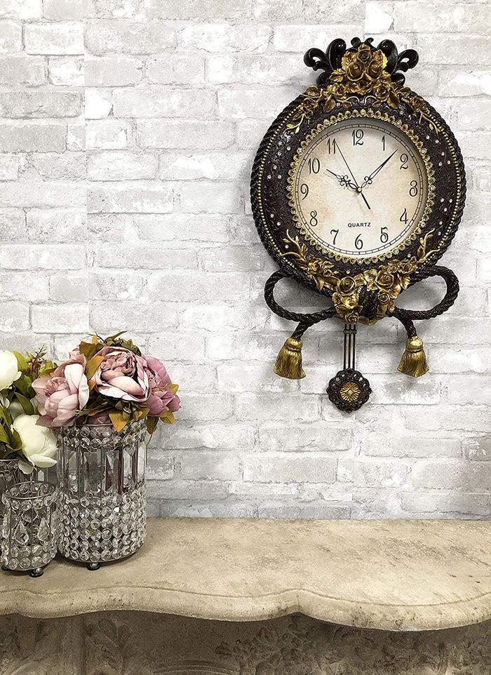 ebros gift Ebros Large 28" Brown And Gold Leaf High Baroque Renaissance Vintage Antique Design Style Classical Ornate Floral Analog Wall Clock With Swinging Pendulum Home And Office Victorian Decor Quartz Clocks