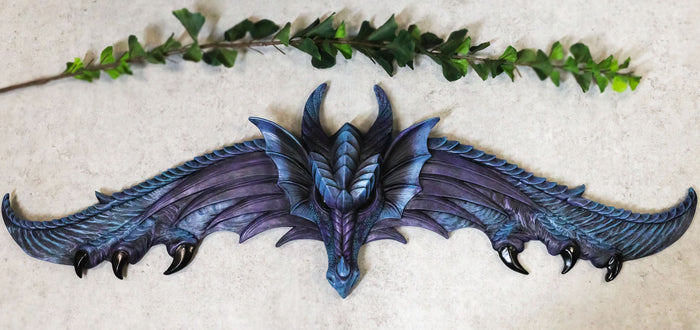 ebros gift Ebros Large 34.25"Wide Medieval Fantasy Midnight Blue Blood Overwatch Dragon With Open Wings Wall Decor Plaque Entrance Overdoor Pediment Door Hanger Dragons And Dungeons Halloween Wall Art Decorative
