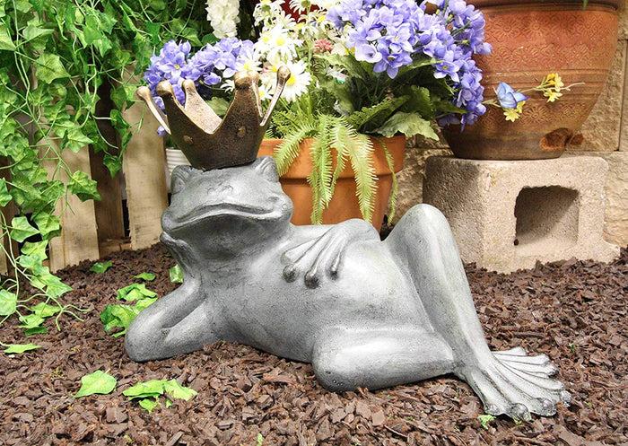 ebros gift Ebros Large Aluminum Metal Whimsical Lazy Summer Dreamy Frog Prince Charming With Crown Garden Bird Feeder Statue 17.25" Long Guest Greeter Home Outdoor Patio Pool Deck Flower Bed Frogs Toads Figurine
