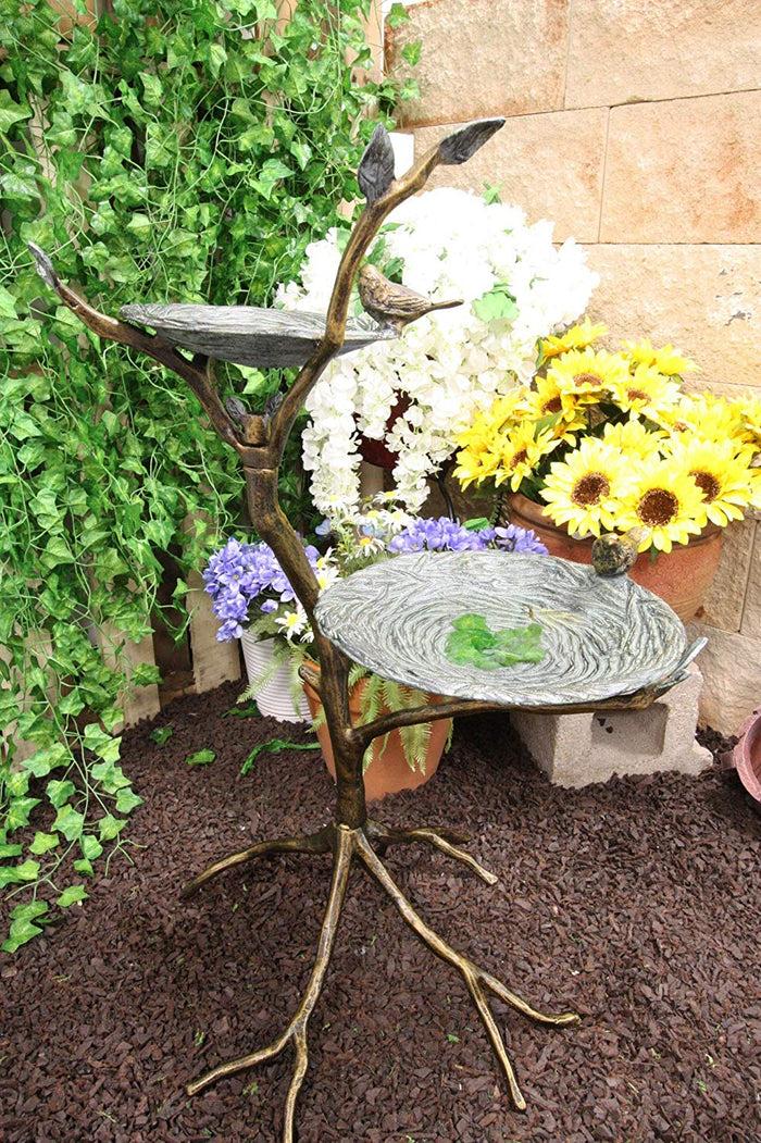 ebros gift Ebros Large Aluminum Metal Whimsical Two Tier Nesting Birds On Branches Garden Bird Feeder and Bath Statue 34" High Guest Greeter Home Outdoor Patio Pool Deck Flower Bed Nature Decor Accent Sculpture