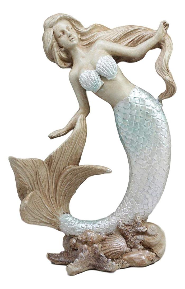 ebros gift Ebros Large Art Nouveau Siren Mermaid Waking Up by Shells and Corals Figurine 9.5" Tall Fantasy Sea Life Water Bay Coastal or Nautical Decor Statue