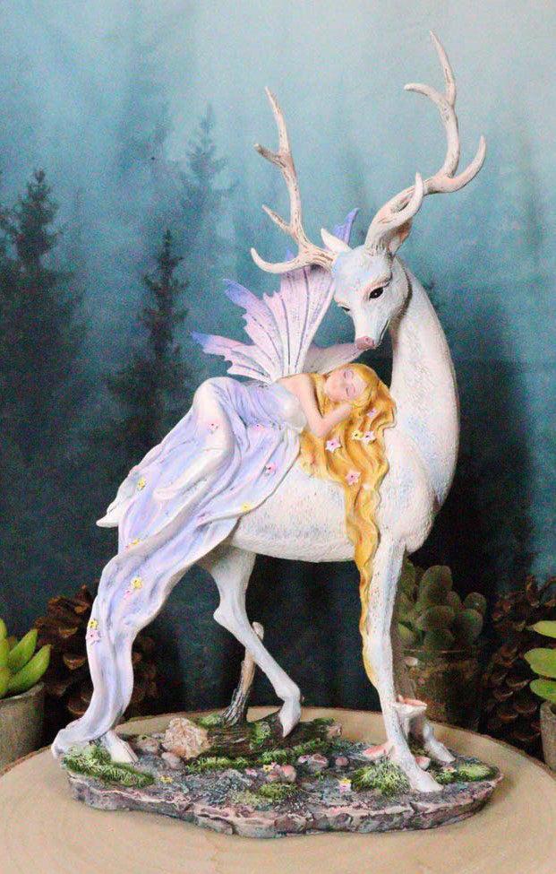 ebros gift Ebros Large Blonde Fairy Sleeping On Sacred Capiz Blue Pearl Stag Elk Statue