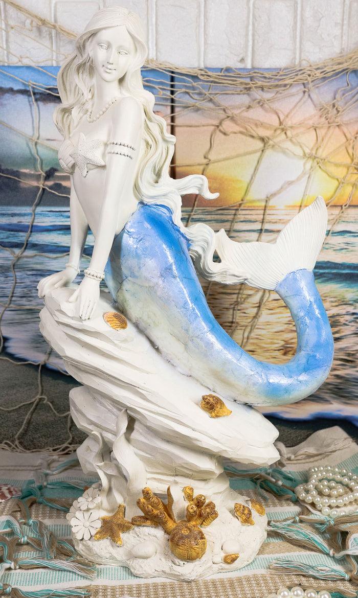 ebros gift Ebros Large Capiz Blue Tail Nautical Mermaid Sitting On Corals Bedrock Statue