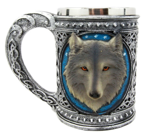Ebros Gift Ebros Large Celtic Blue Alpha Gray Wolf Mug Stainless Steel Rim Resin 18oz Cup