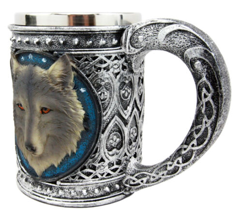 Ebros Gift Ebros Large Celtic Blue Alpha Gray Wolf Mug Stainless Steel Rim Resin 18oz Cup