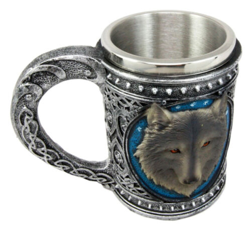 Ebros Gift Ebros Large Celtic Blue Alpha Gray Wolf Mug Stainless Steel Rim Resin 18oz Cup