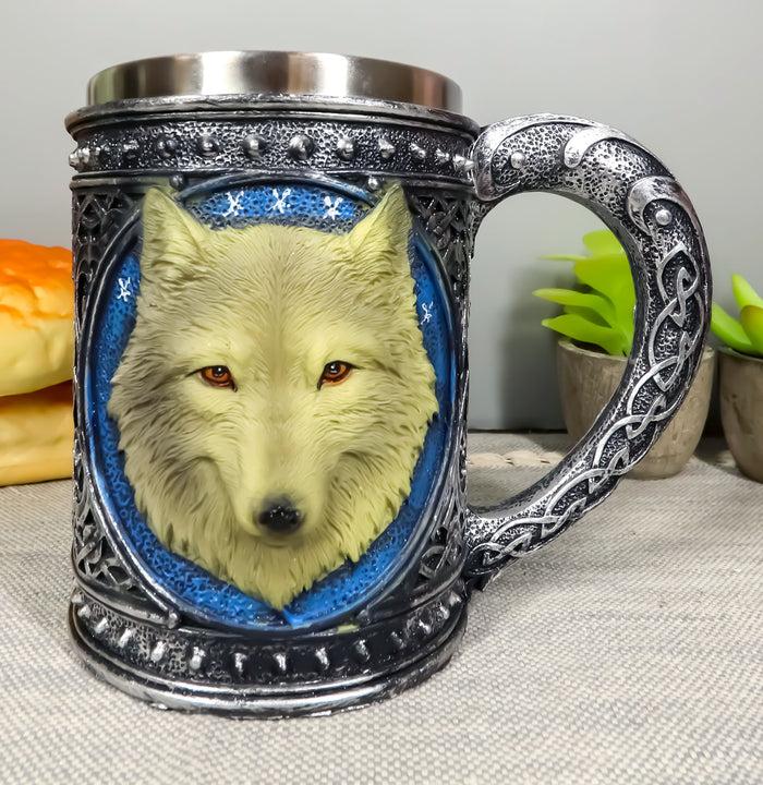 ebros gift Ebros Large Celtic Blue Alpha Gray Wolf Mug Stainless Steel Rim Resin 18oz Cup
