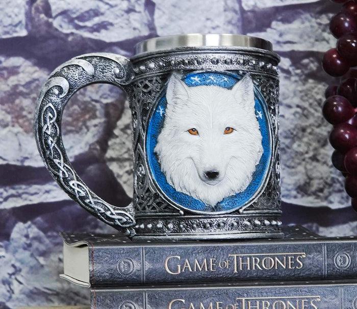 Ebros Gift Ebros Large Celtic Direwolf White Snow Wolf Coffee Mug & Wine Goblet Chalice Set