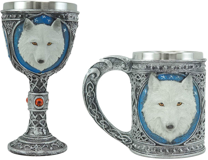 ebros gift Ebros Large Celtic Direwolf White Snow Wolf Coffee Mug & Wine Goblet Chalice Set