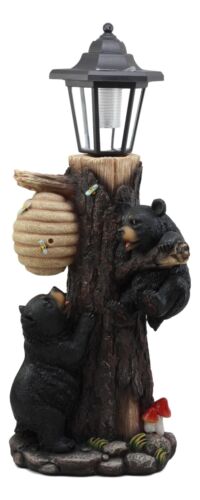 Ebros Gift Ebros Large Climbing Black Bear Cubs Reaching For Honeycomb Beehive LED Path Lighter Statue 19"Tall With Solar Lantern Light Welcome Sign Guest Greeter Decor Figurine
